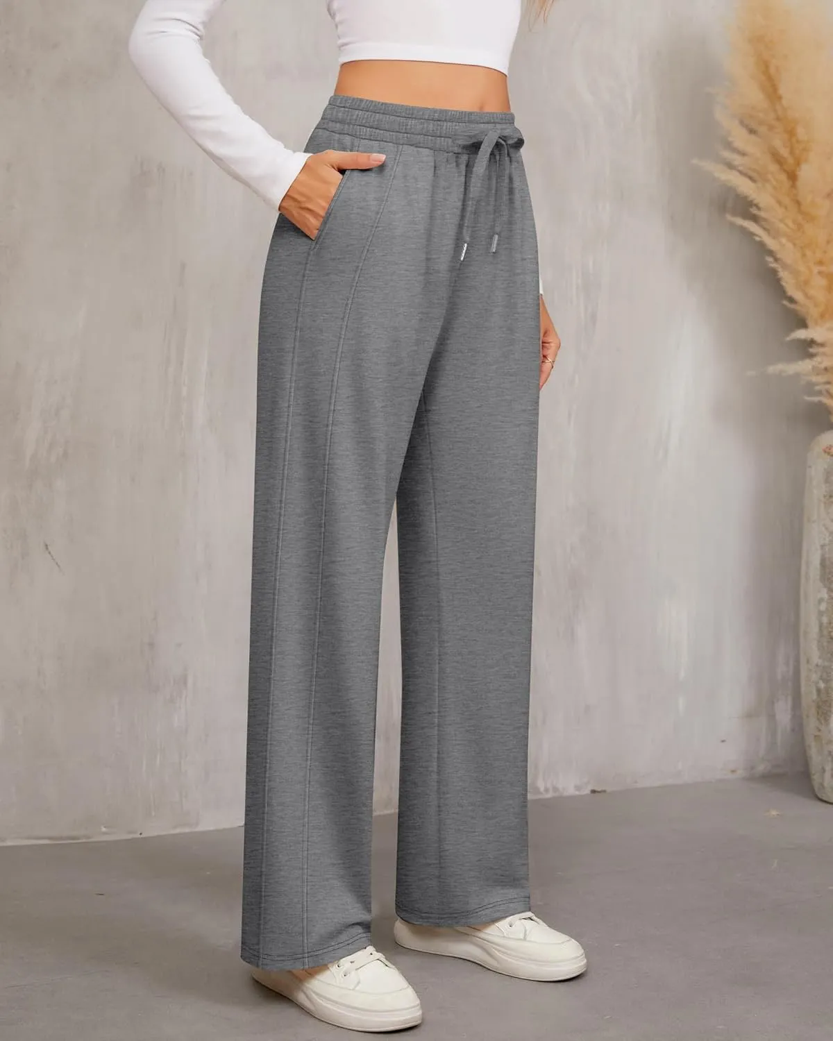 2 Pack Women's Wide Leg Pants Casual Drawstring High Waist Sweatpants Baggy Trousers Joggers Pant with Pockets