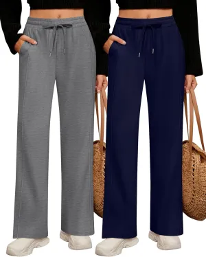 2 Pack Women's Wide Leg Pants Casual Drawstring High Waist Sweatpants Baggy Trousers Joggers Pant with Pockets