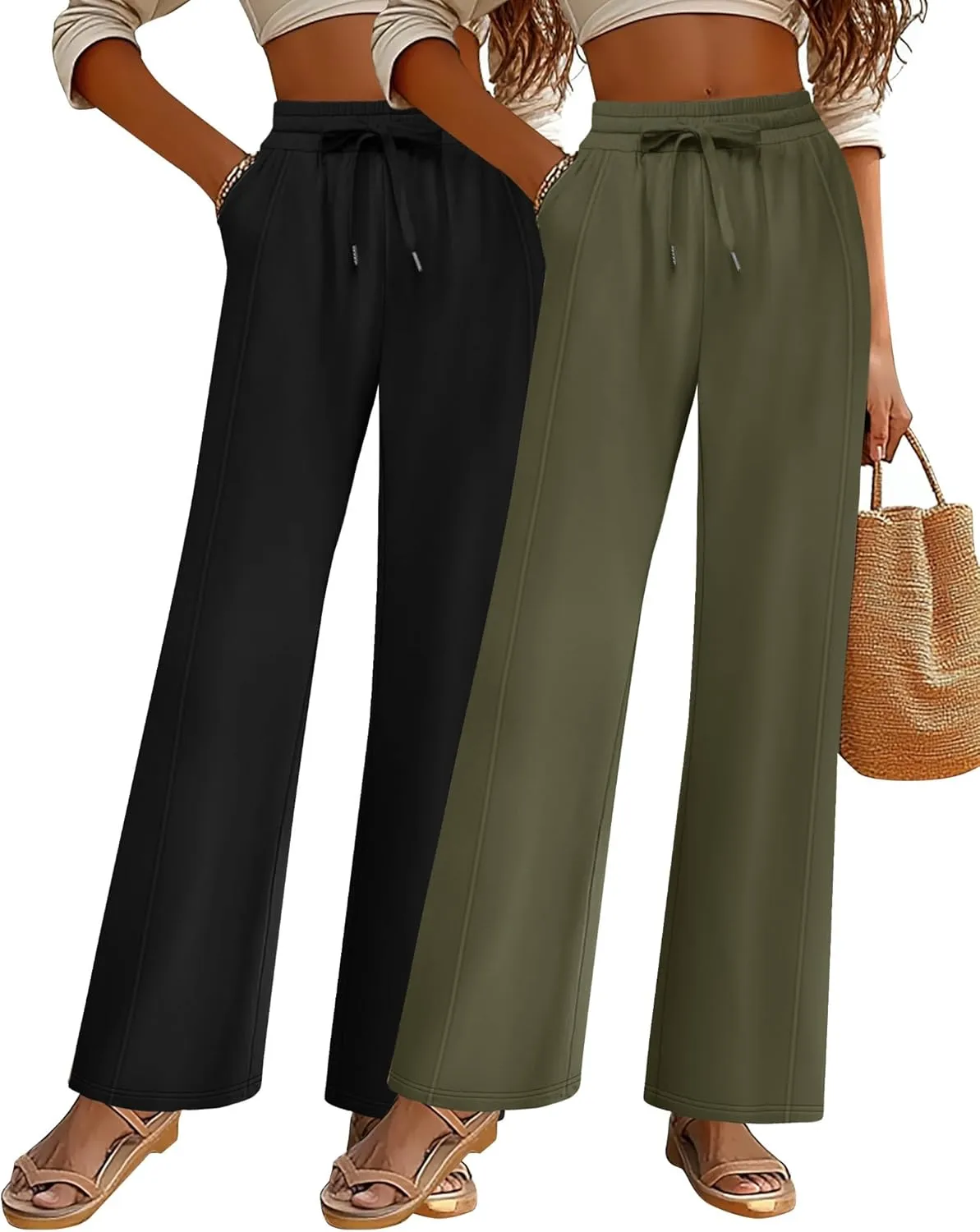 2 Pack Women's Wide Leg Pants Casual Drawstring High Waist Sweatpants Baggy Trousers Joggers Pant with Pockets