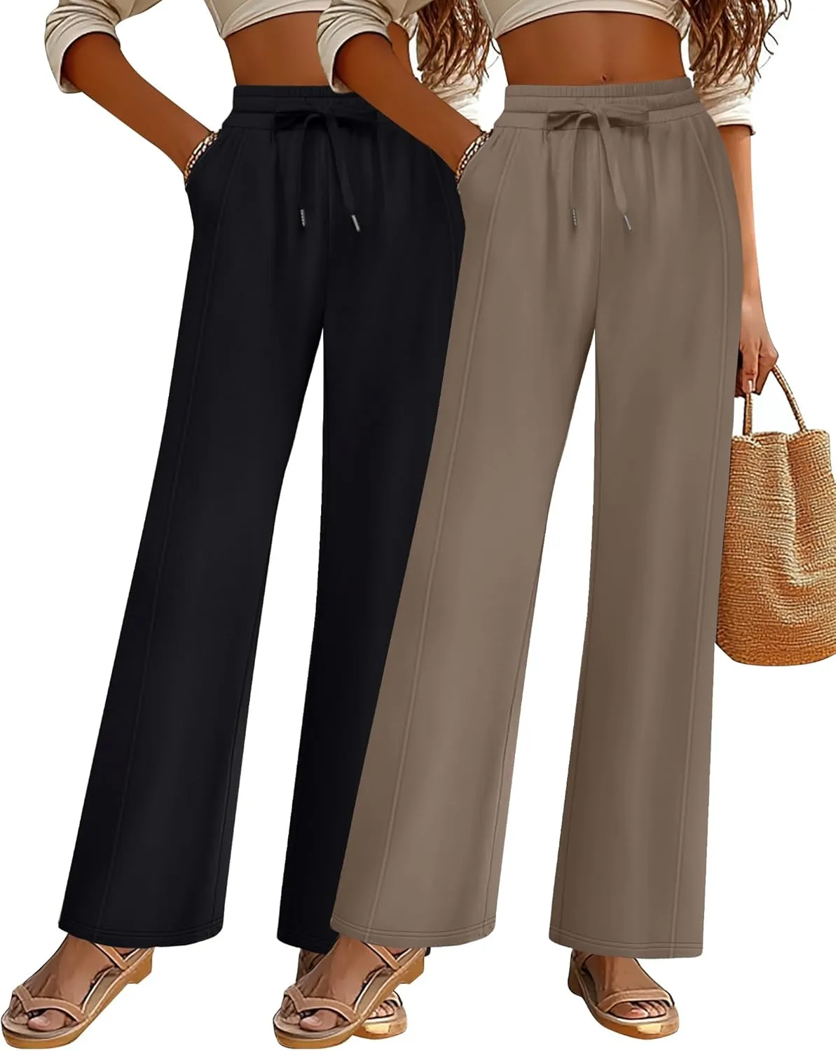 2 Pack Women's Wide Leg Pants Casual Drawstring High Waist Sweatpants Baggy Trousers Joggers Pant with Pockets