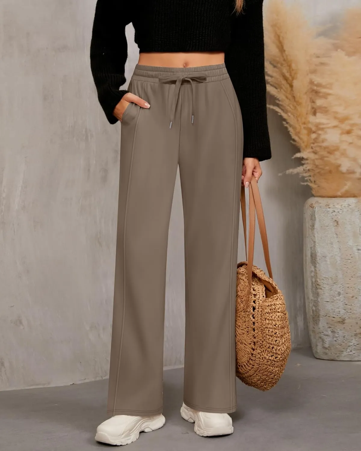 2 Pack Women's Wide Leg Pants Casual Drawstring High Waist Sweatpants Baggy Trousers Joggers Pant with Pockets