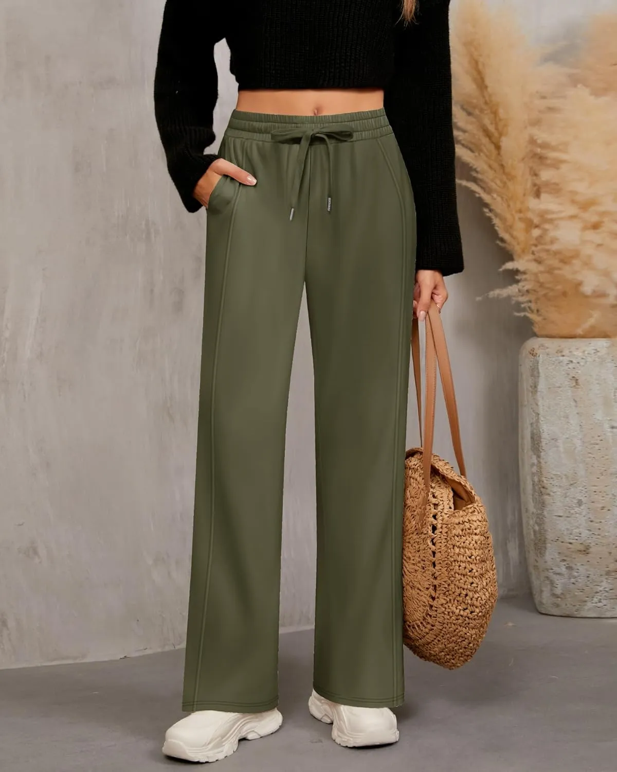 2 Pack Women's Wide Leg Pants Casual Drawstring High Waist Sweatpants Baggy Trousers Joggers Pant with Pockets