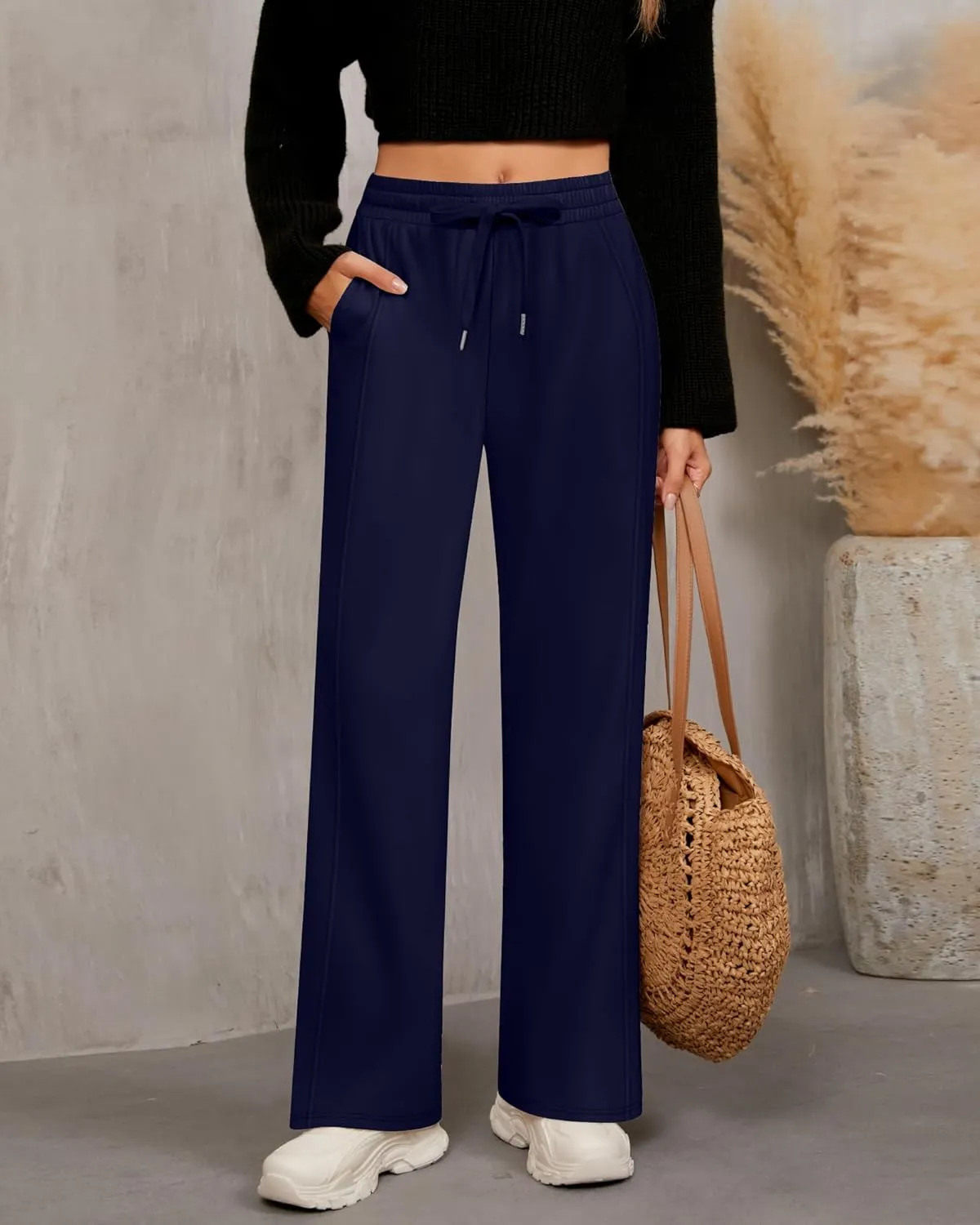2 Pack Women's Wide Leg Pants Casual Drawstring High Waist Sweatpants Baggy Trousers Joggers Pant with Pockets