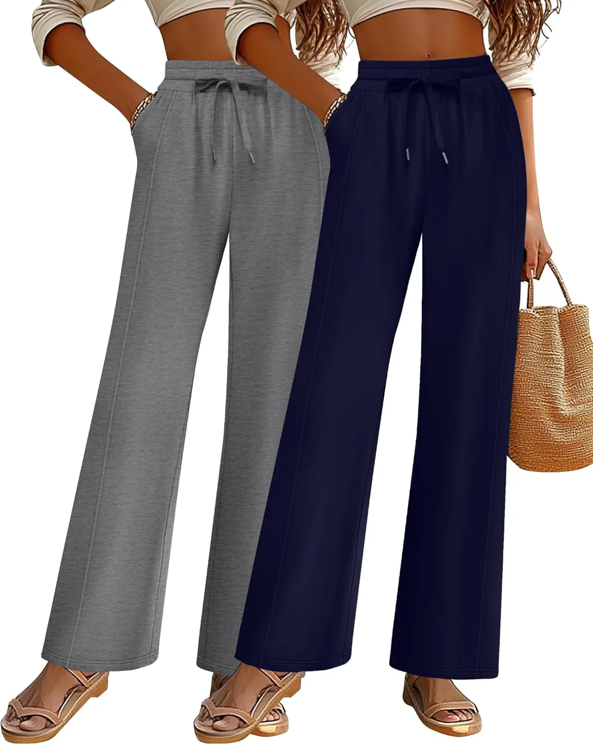 2 Pack Women's Wide Leg Pants Casual Drawstring High Waist Sweatpants Baggy Trousers Joggers Pant with Pockets