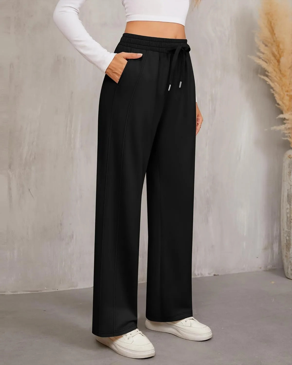 2 Pack Women's Wide Leg Pants Casual Drawstring High Waist Sweatpants Baggy Trousers Joggers Pant with Pockets