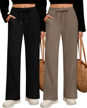 2 Pack Women's Wide Leg Pants Casual Drawstring High Waist Sweatpants Baggy Trousers Joggers Pant with Pockets