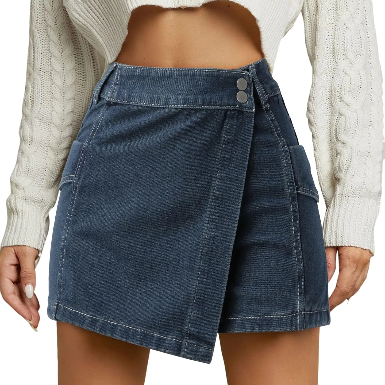 2023 Summer Women's Casual High Waisted A Line Skirt Button Mini Denim Skirt with Pocket Womens Jean Skirt