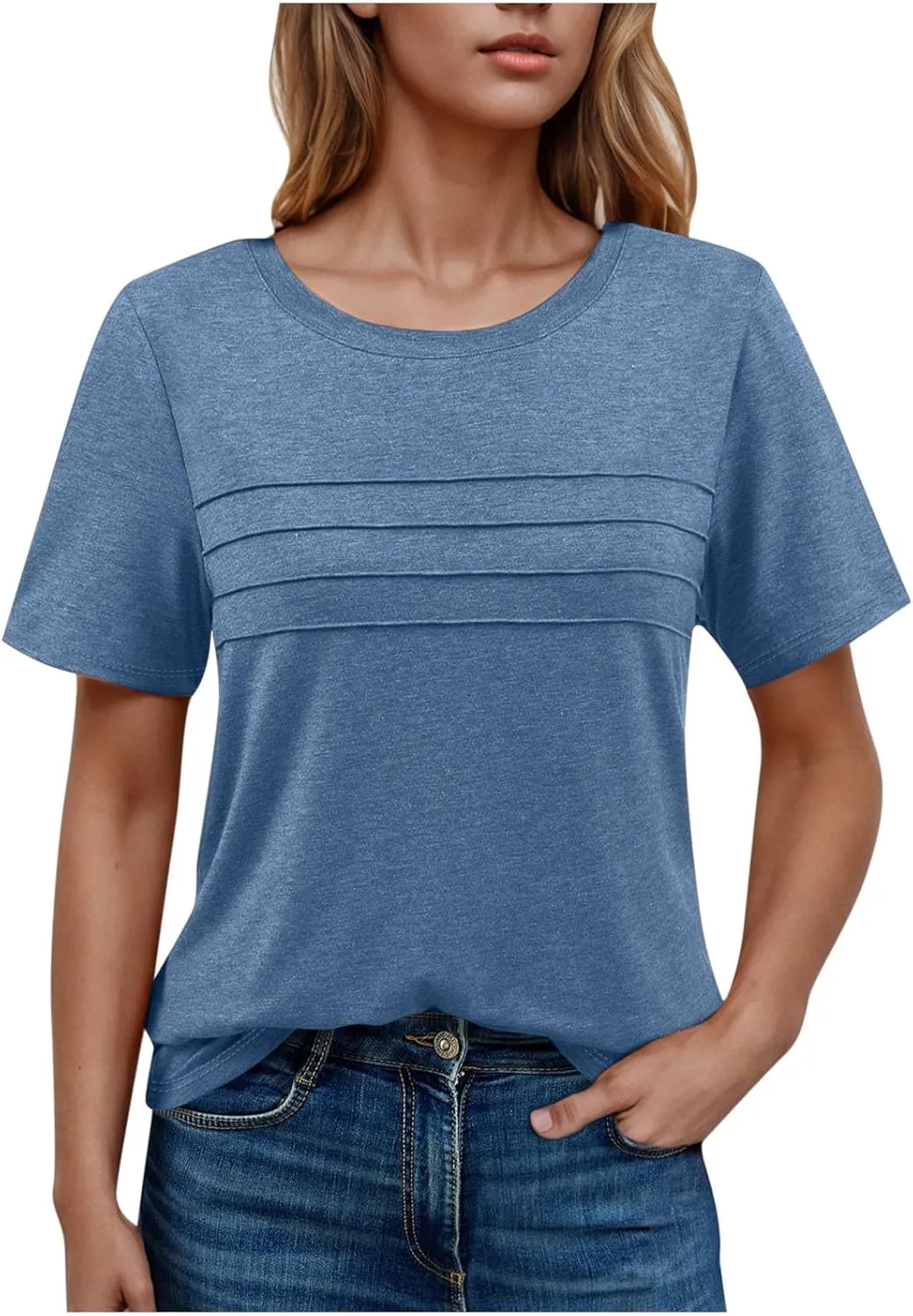 2025 Summer Classic Pleated T Shirts Women Casual Short Sleeve Crewneck Tunic Tops Derssy Loose Fit Office Work Blouses
