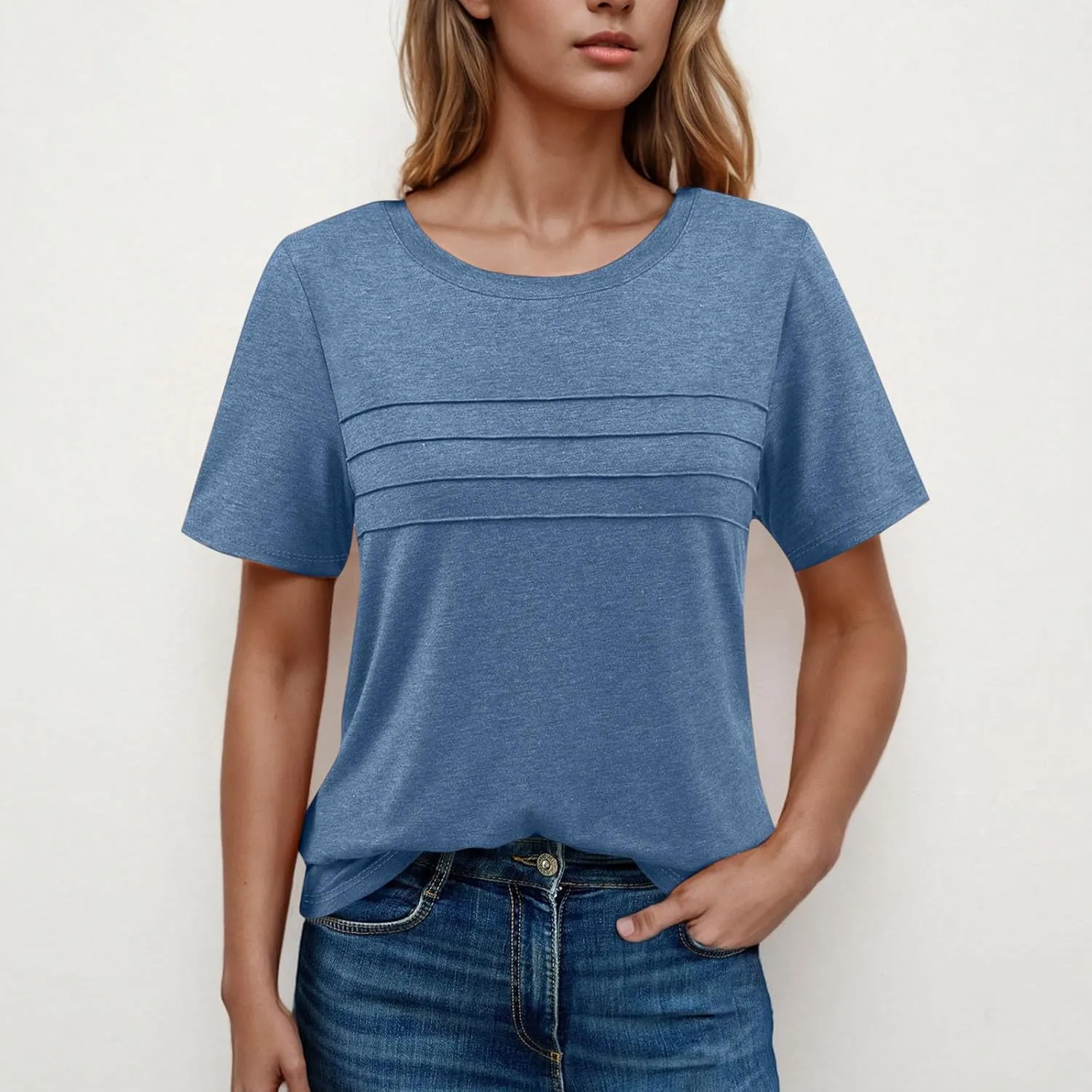 2025 Summer Classic Pleated T Shirts Women Casual Short Sleeve Crewneck Tunic Tops Derssy Loose Fit Office Work Blouses