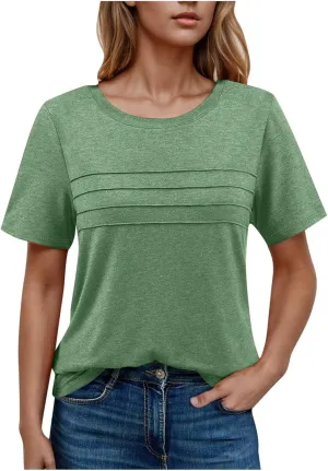 2025 Summer Classic Pleated T Shirts Women Casual Short Sleeve Crewneck Tunic Tops Derssy Loose Fit Office Work Blouses
