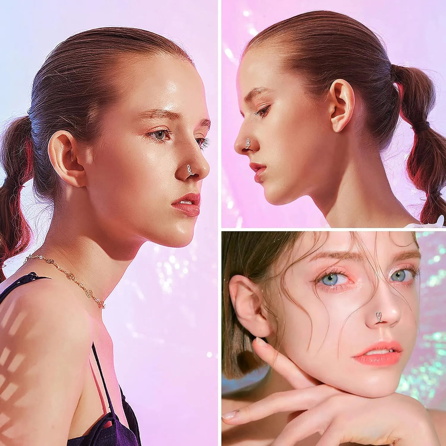 9-16pcs Multi-Style Adjustable Fake Nose Rings for Women Fake Nose Cuffs for Non Pierced Nose Heart Flower Butterfly Moon Star Clip on Fake Nose Ring Piercing