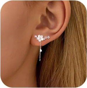 925 Sterling Silver CZ Flowers Ear Cuffs Hoop Climber Earring for Women, Rose Gold Cartilage Earrings with CZ Piercing Dainty Tassel Ear Crawler Earrings Wedding Jewelry Graduation Gift