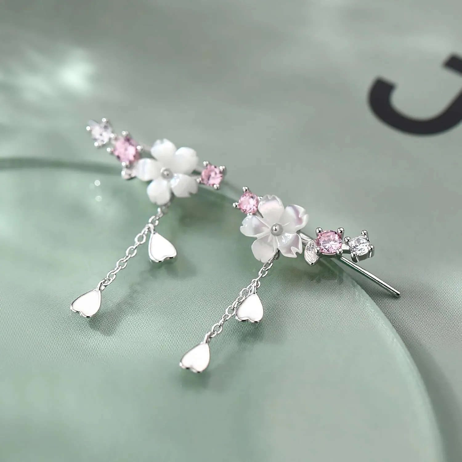 925 Sterling Silver CZ Flowers Ear Cuffs Hoop Climber Earring for Women, Rose Gold Cartilage Earrings with CZ Piercing Dainty Tassel Ear Crawler Earrings Wedding Jewelry Graduation Gift