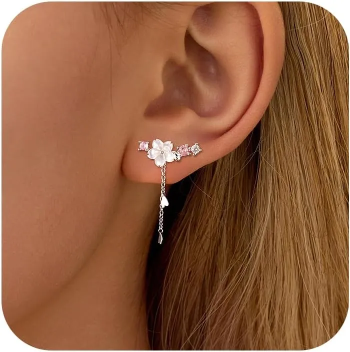 925 Sterling Silver CZ Flowers Ear Cuffs Hoop Climber Earring for Women, Rose Gold Cartilage Earrings with CZ Piercing Dainty Tassel Ear Crawler Earrings Wedding Jewelry Graduation Gift