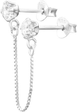 925 Sterling Silver Round Ear Cuffs with Dangle Chain and CZ