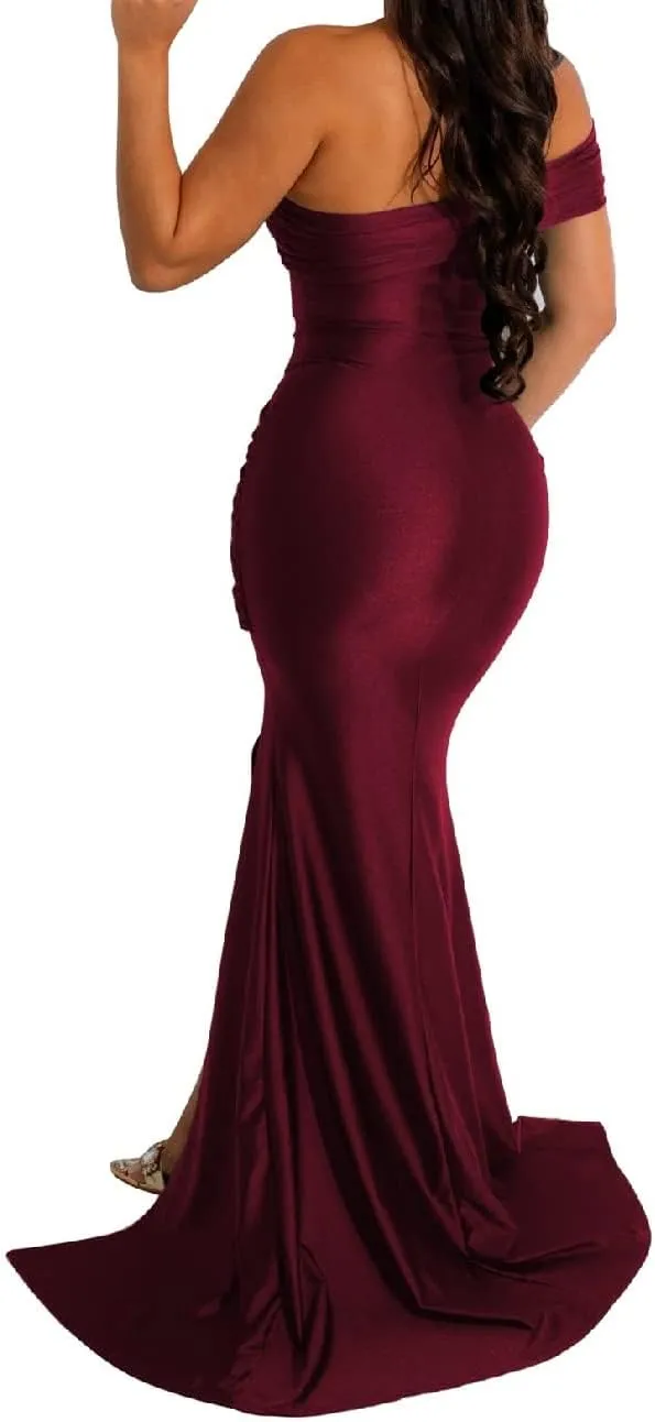 A ADILACA Women's Off Shoulder High Split Long Formal Party Maxi Dress, Off Shoulder High Split Dress