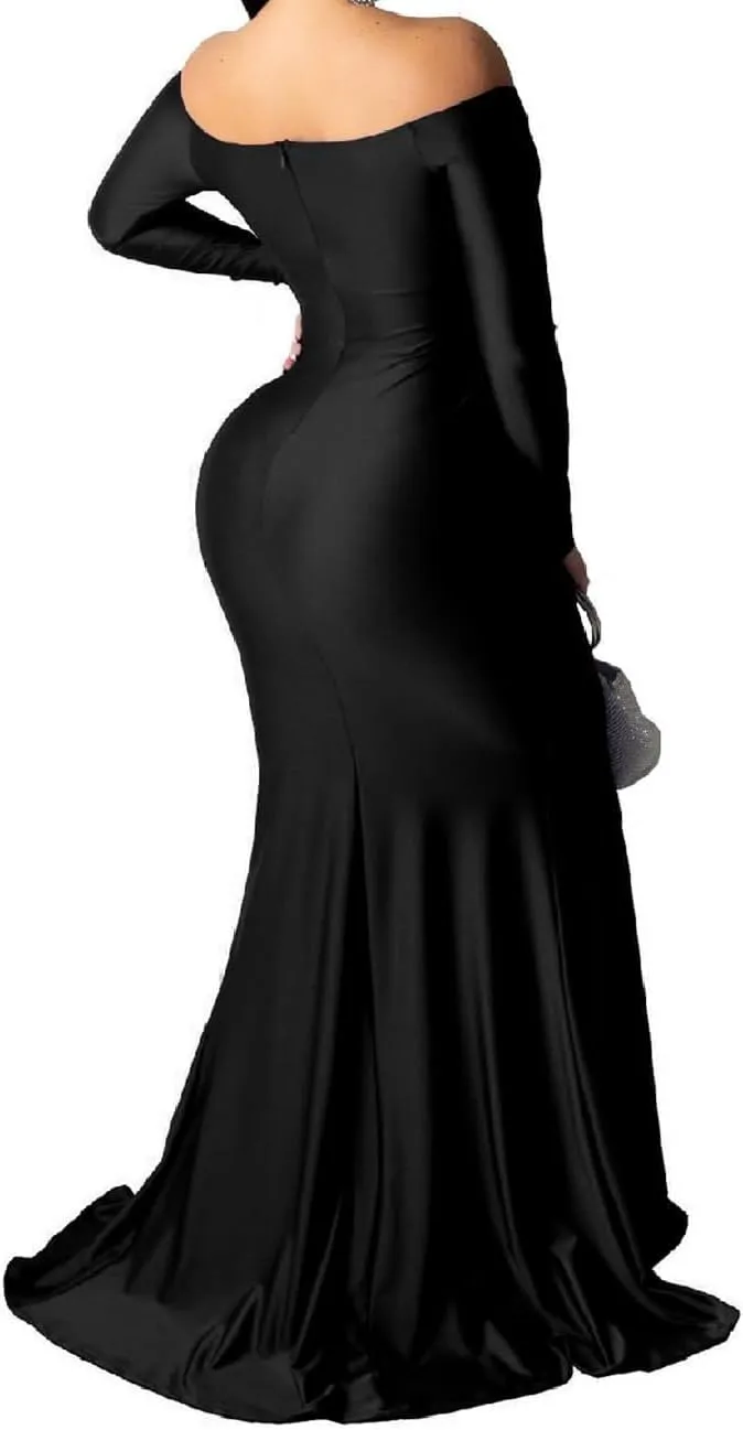 A ADILACA Women's Off Shoulder High Split Long Formal Party Maxi Dress, Off Shoulder High Split Dress