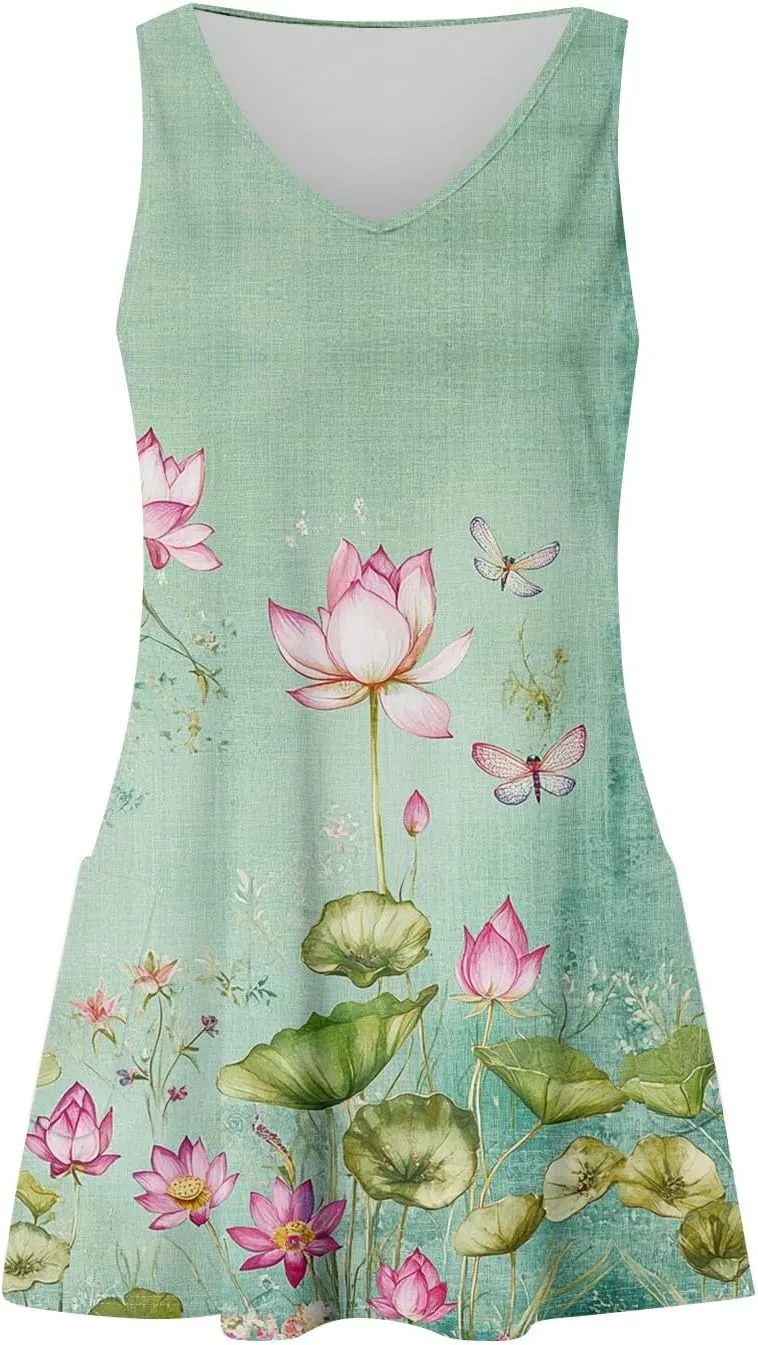 ADHOWBEW Womens Casual Dresses Loose Fit Sexy Hawaiian Casual Sleeveless Tank Dresses Beach Comfy Cute Dress