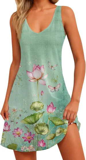 ADHOWBEW Womens Casual Dresses Loose Fit Sexy Hawaiian Casual Sleeveless Tank Dresses Beach Comfy Cute Dress