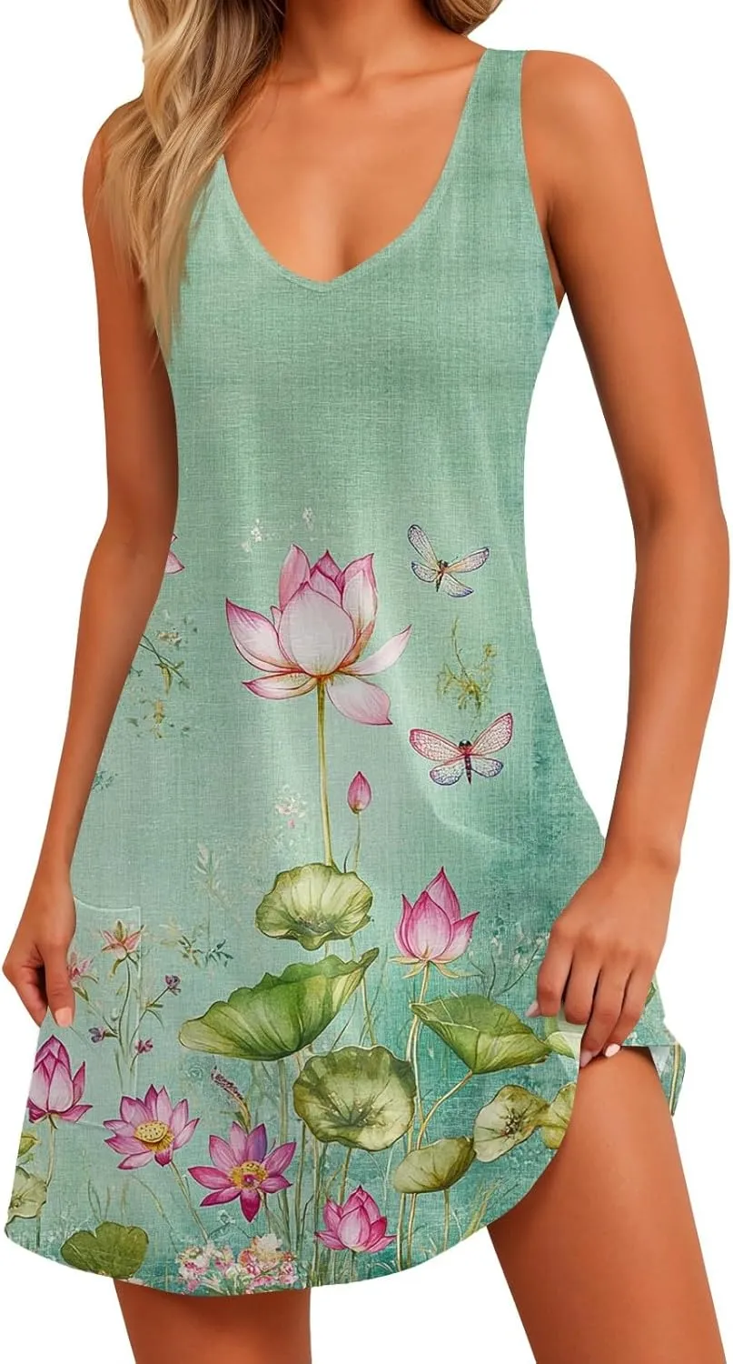 ADHOWBEW Womens Casual Dresses Loose Fit Sexy Hawaiian Casual Sleeveless Tank Dresses Beach Comfy Cute Dress