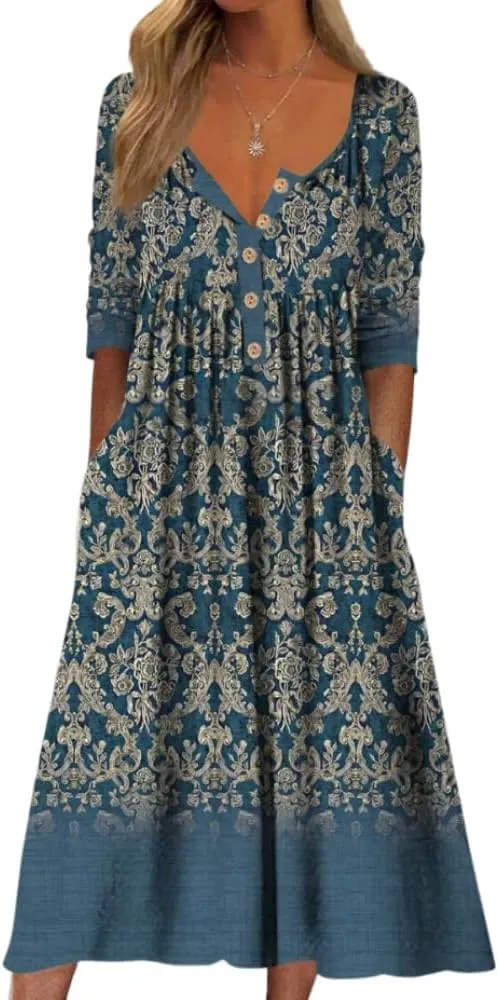 Akivide Women's Button Down V Neck Midi Tshirt Dress Plus Size Boho Summer Short Sleeve Beach Dresses with Pockets 2024