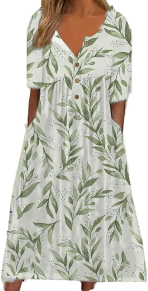 Akivide Women's Button Down V Neck Midi Tshirt Dress Plus Size Boho Summer Short Sleeve Beach Dresses with Pockets 2024