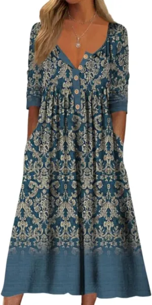 Akivide Women's Button Down V Neck Midi Tshirt Dress Plus Size Boho Summer Short Sleeve Beach Dresses with Pockets 2024