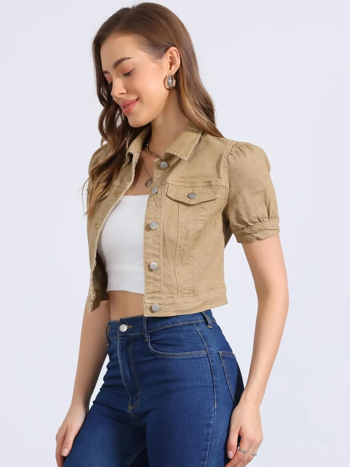 Allegra K Women's Casual Denim Jackets Button-Down Puff Sleeve Jean Crop Jacket