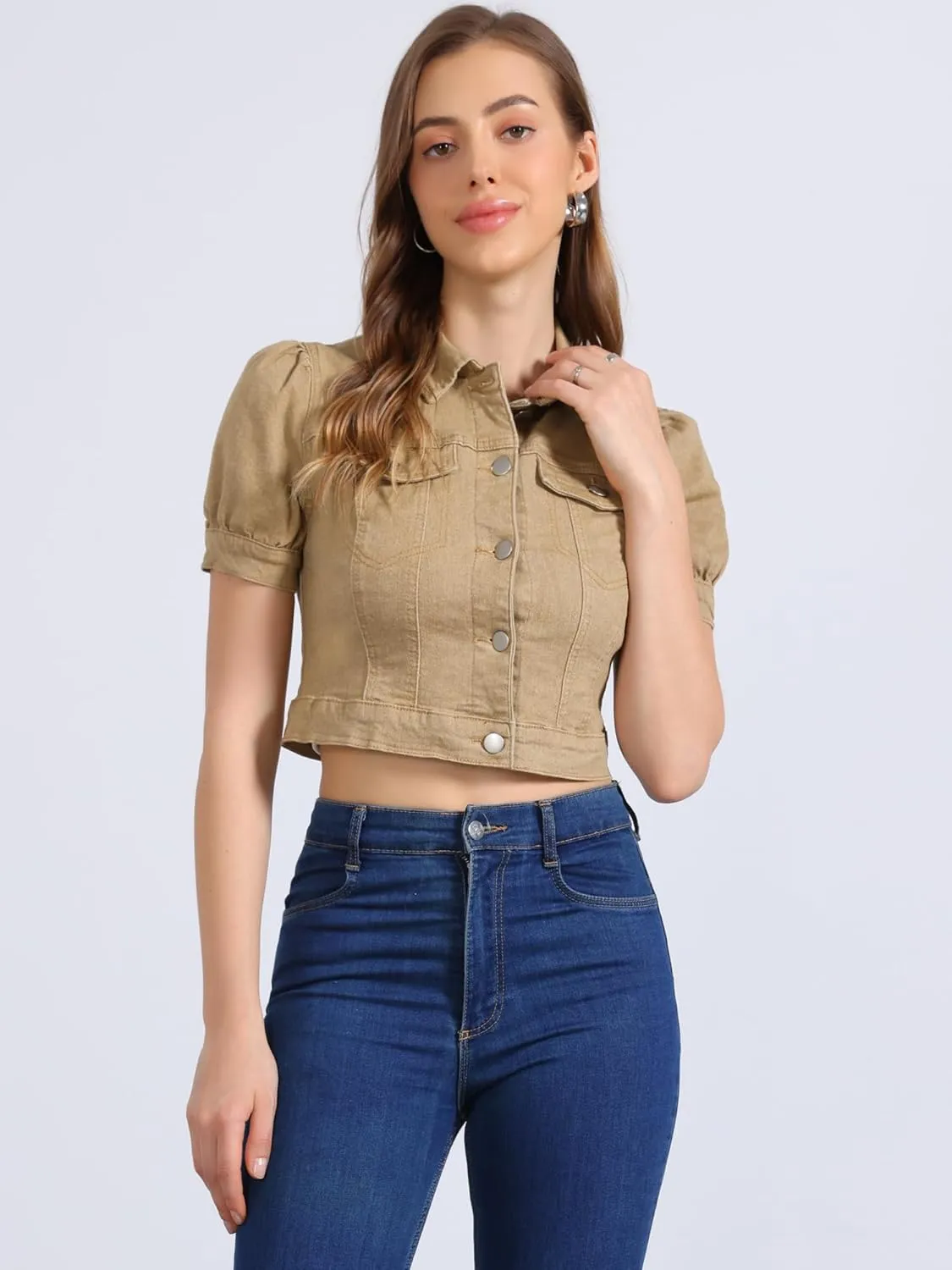 Allegra K Women's Casual Denim Jackets Button-Down Puff Sleeve Jean Crop Jacket
