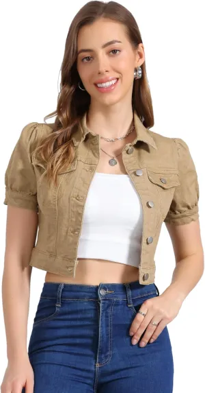 Allegra K Women's Casual Denim Jackets Button-Down Puff Sleeve Jean Crop Jacket
