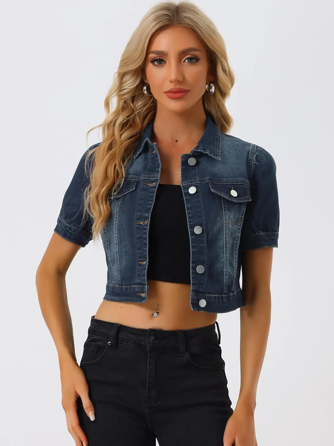 Allegra K Women's Casual Denim Jackets Button-Down Puff Sleeve Jean Crop Jacket