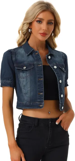Allegra K Women's Casual Denim Jackets Button-Down Puff Sleeve Jean Crop Jacket