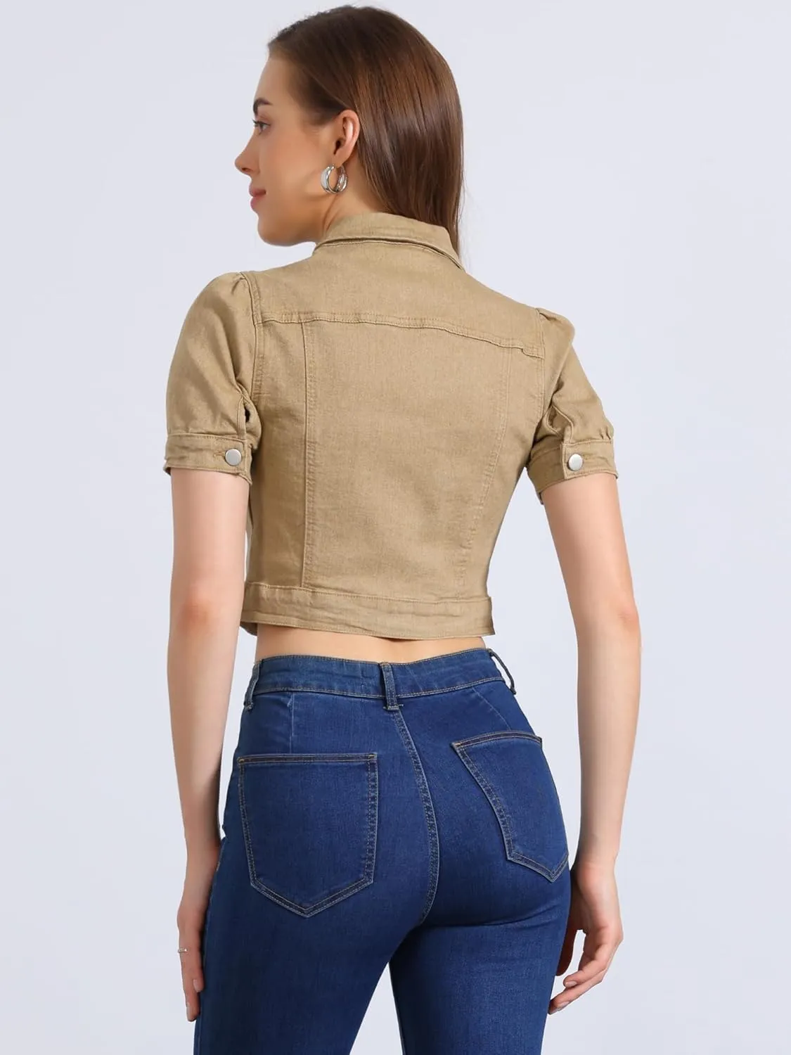 Allegra K Women's Casual Denim Jackets Button-Down Puff Sleeve Jean Crop Jacket
