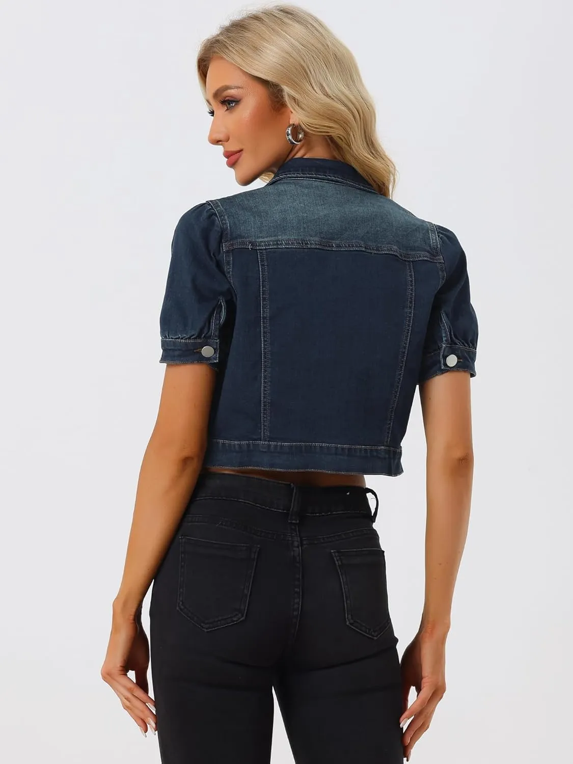 Allegra K Women's Casual Denim Jackets Button-Down Puff Sleeve Jean Crop Jacket