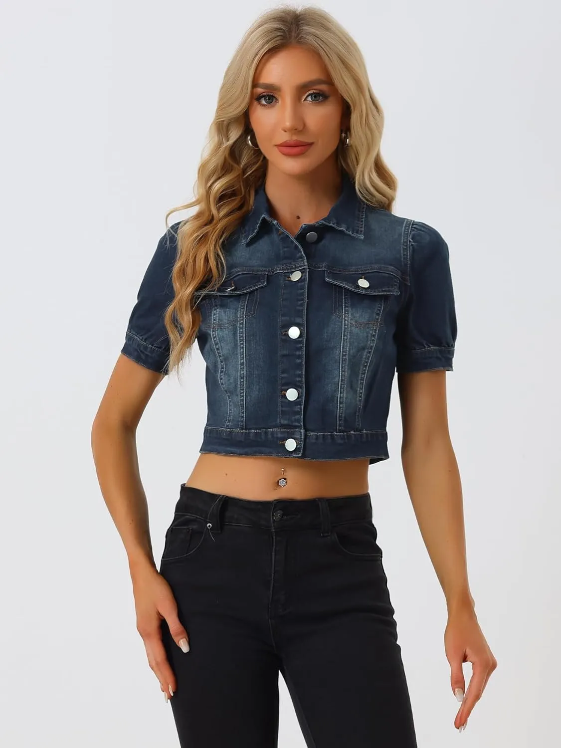 Allegra K Women's Casual Denim Jackets Button-Down Puff Sleeve Jean Crop Jacket
