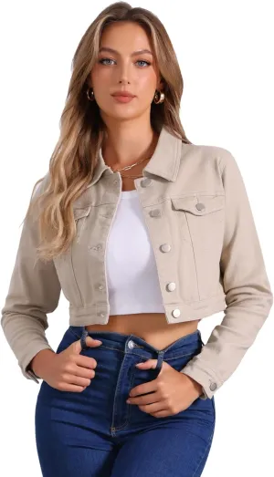 Allegra K Women's Denim Jackets 2025 Casual Button Down Long Sleeves Crop Jean Jacket