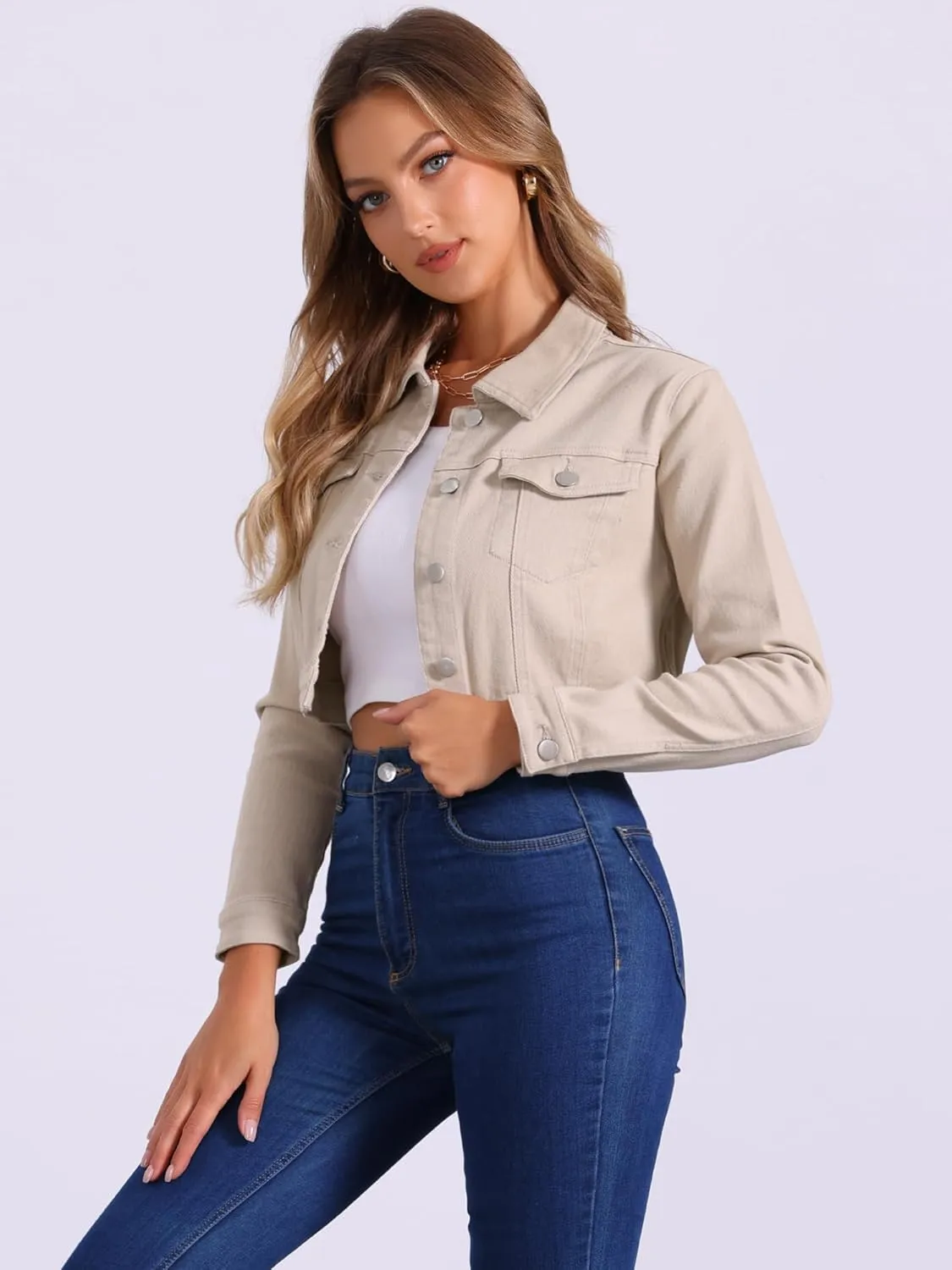 Allegra K Women's Denim Jackets 2025 Casual Button Down Long Sleeves Crop Jean Jacket