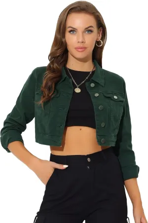 Allegra K Women's Denim Jackets 2025 Casual Button Down Long Sleeves Crop Jean Jacket