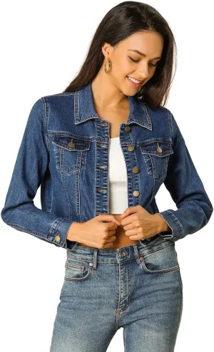 Allegra K Women's Denim Jackets 2025 Casual Button Down Long Sleeves Crop Jean Jacket