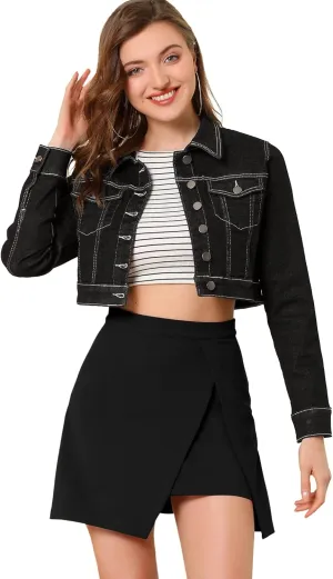 Allegra K Women's Denim Jackets 2025 Casual Button Down Long Sleeves Crop Jean Jacket