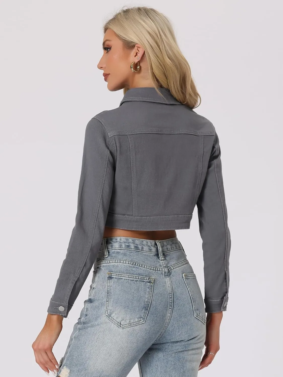 Allegra K Women's Denim Jackets 2025 Casual Button Down Long Sleeves Crop Jean Jacket