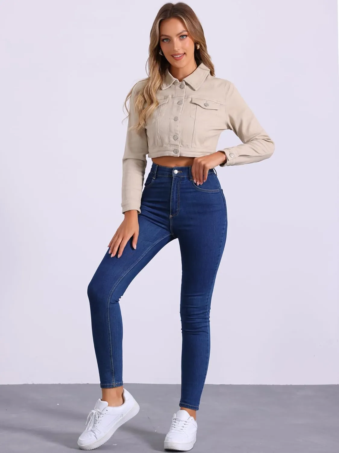 Allegra K Women's Denim Jackets 2025 Casual Button Down Long Sleeves Crop Jean Jacket