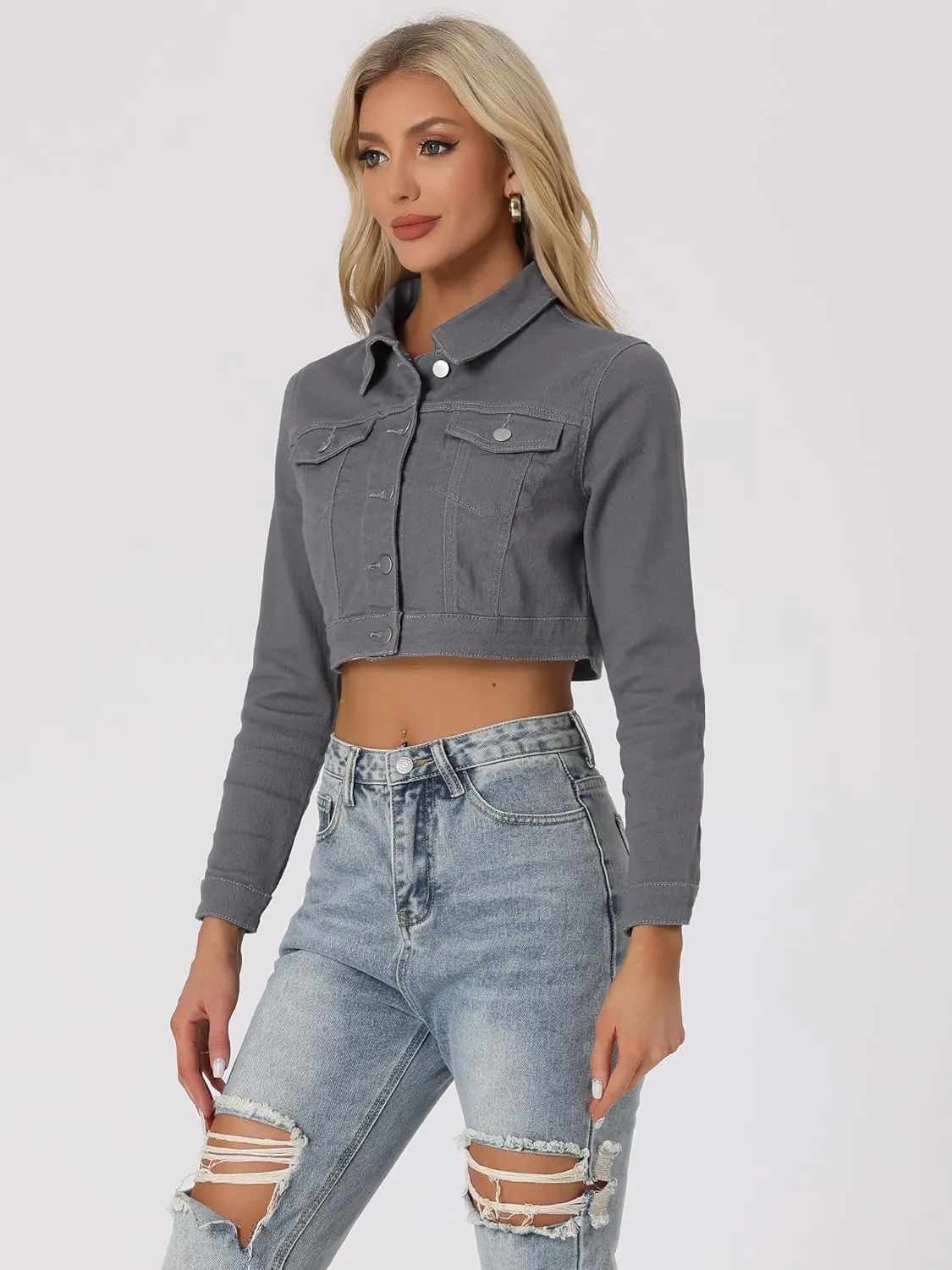 Allegra K Women's Denim Jackets 2025 Casual Button Down Long Sleeves Crop Jean Jacket