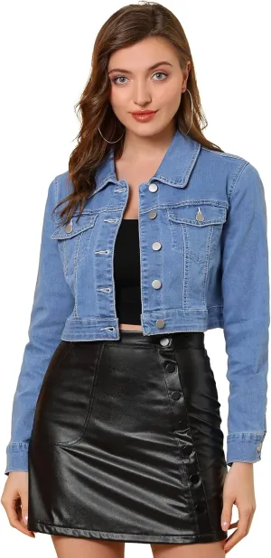Allegra K Women's Denim Jackets 2025 Casual Button Down Long Sleeves Crop Jean Jacket