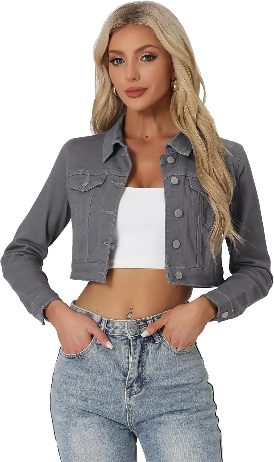 Allegra K Women's Denim Jackets 2025 Casual Button Down Long Sleeves Crop Jean Jacket