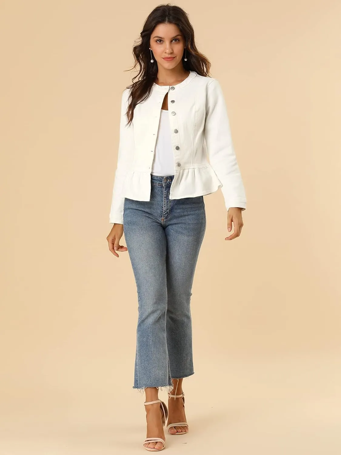 Allegra K Women's Peplum Denim Jackets Collarless Round Neck Button Down Cropped Ruffle Hem Jacket