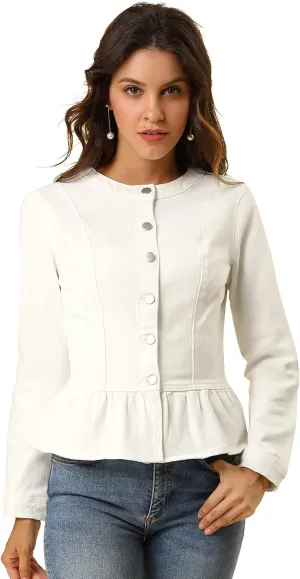 Allegra K Women's Peplum Denim Jackets Collarless Round Neck Button Down Cropped Ruffle Hem Jacket