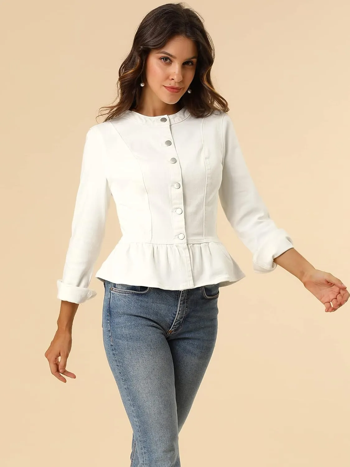 Allegra K Women's Peplum Denim Jackets Collarless Round Neck Button Down Cropped Ruffle Hem Jacket