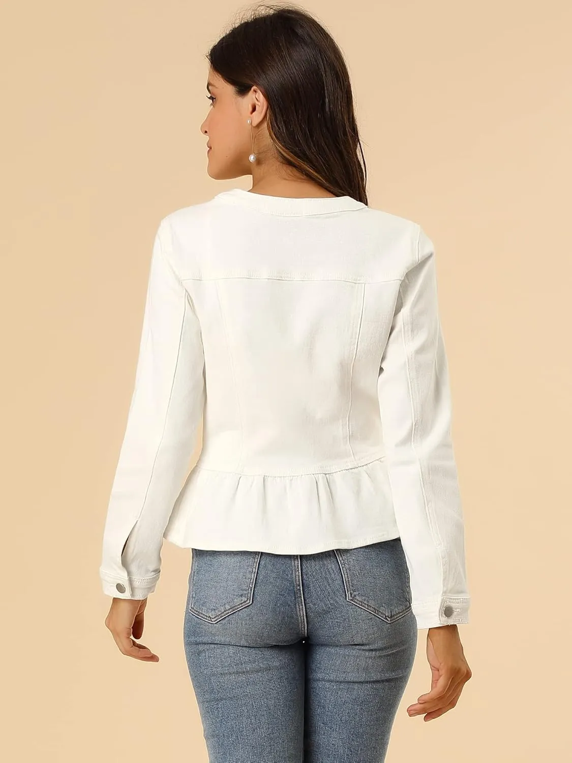 Allegra K Women's Peplum Denim Jackets Collarless Round Neck Button Down Cropped Ruffle Hem Jacket