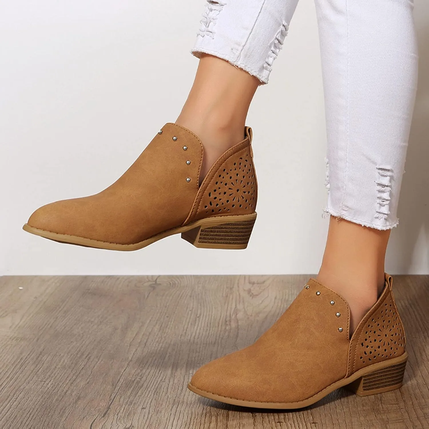 AMDBEL Ankle Boots for Women Cut Out Slip On Short Chunky Stacked Heel Perforated Side V Cut Western Booties Cutout Shoes